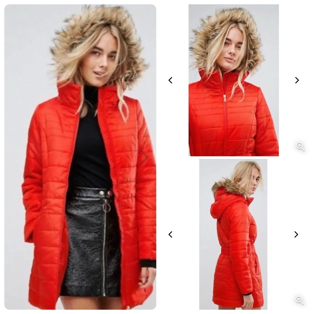 Vero Moda Red Puffer Jacket with Faux Fur Hood